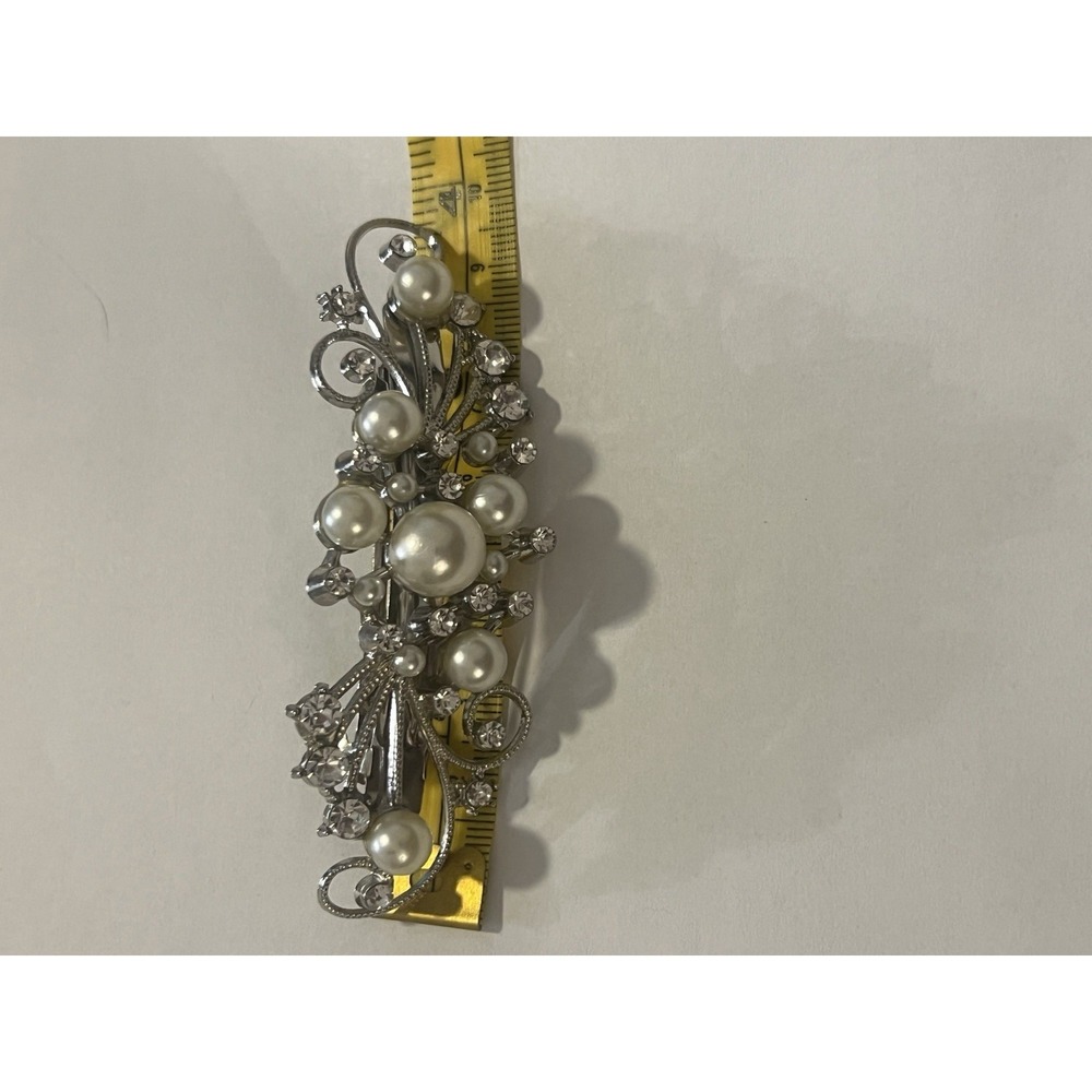 Vintage Simulated Pearl Clear Rhinestone Ornate Silver Tone Hair Barrette - Picture 7 of 9